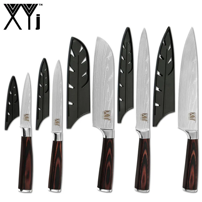 D.5Pcs Set and cover XYj дамасский нож из нержавеющей стали с узором 7CR17 цвет деревянная ручка шеф-повара нож подставка точилка бар заточка инструменты аксессуар - Цвет: D.5Pcs Set and cover