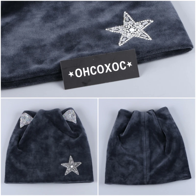 OHCOXOC дизайн женские шапочки Skullies принцесса девушка милая осенне-зимняя шапка с кошачьими ушками блестящая Звезда со стразами