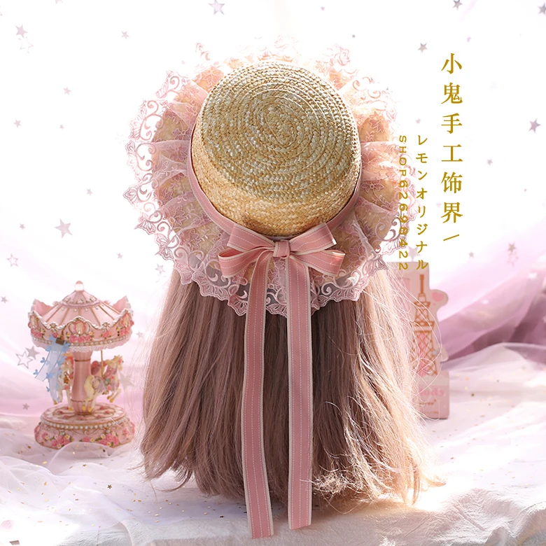 

Pink sweet Lolita small fresh forest pastoral soft sister lolita dress Japanese beach straw hat