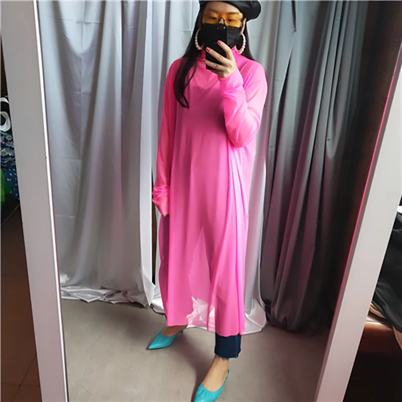[EAM] New Autumn Winter High Collar Long Sleeve Black Mesh Perspective Colorful Long Big Size Dress Women Fashion JU790