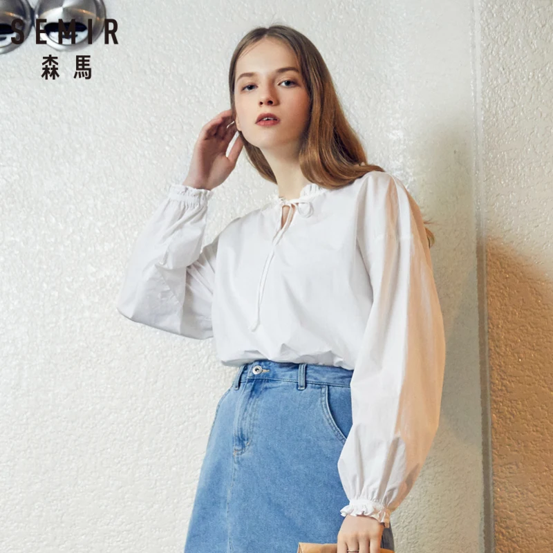 Женская блузка с рюшами SEMIR из 100% хлопка длинными рукавами воротником-оборкой и