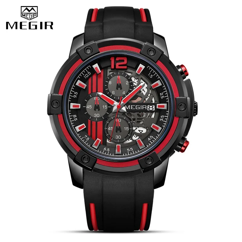 Relojes MEGIR часы для мужчин Роскошный хронограф силиконовые водонепроницаемый спортивный костюм в стиле милитари s часы Аналоговые Кварцевые Relogio Masculino - Цвет: Black Red
