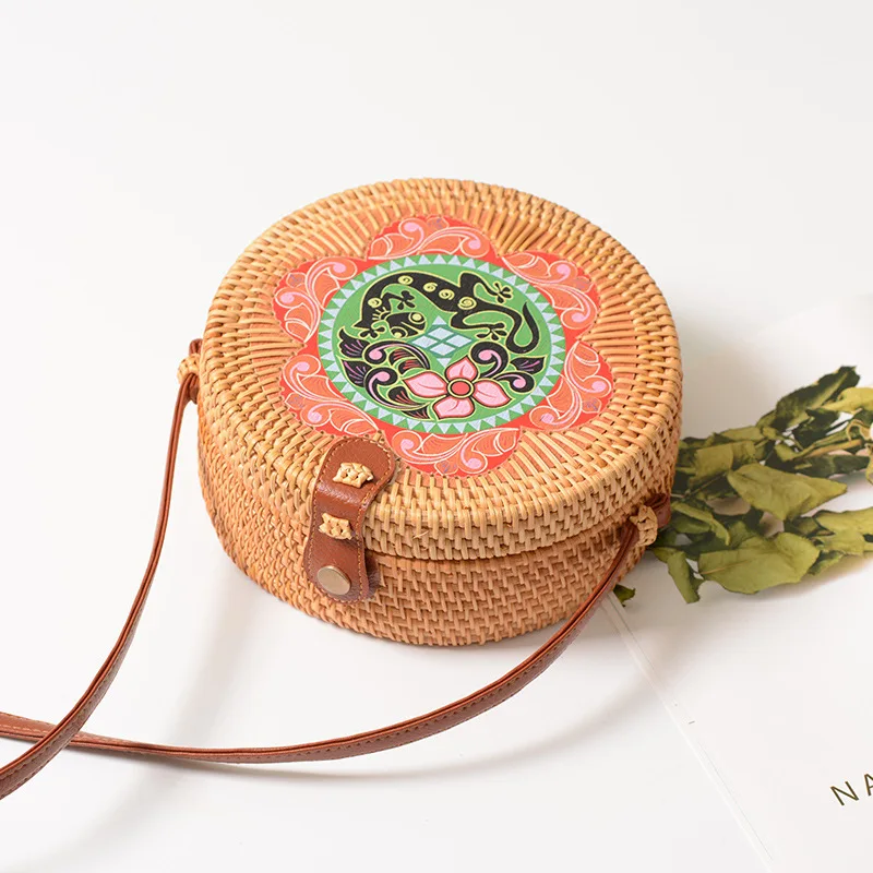 Женские бамбуковые сумки через плечо тканые с цветами клатч круговой ротанг на