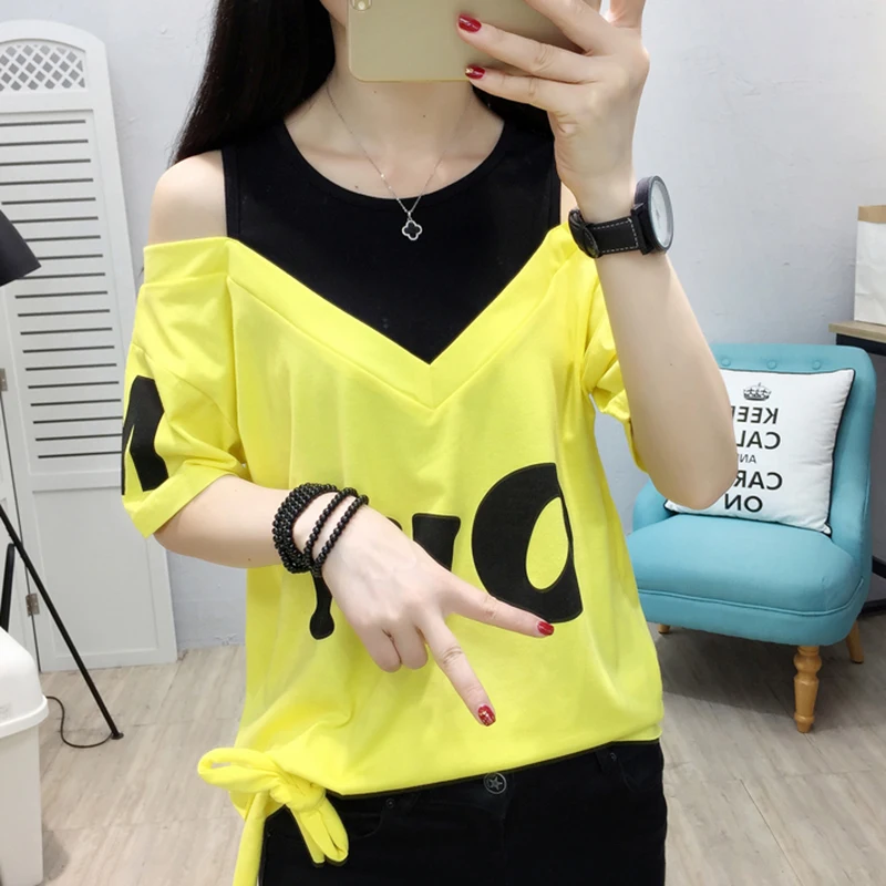 

Camisetas De Mujer Bow T-Shirt Off The Shoulder Women T Shirt Letter Print Tee Woman Clothes 2021 Summer Cotton Tshirt Top Femme