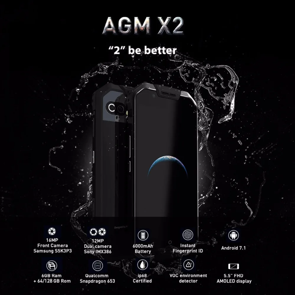 AGM X2 IP68 Водонепроницаемый Мобильный телефон 5 &quot6 ГБ Оперативная память 64 ГБ/128