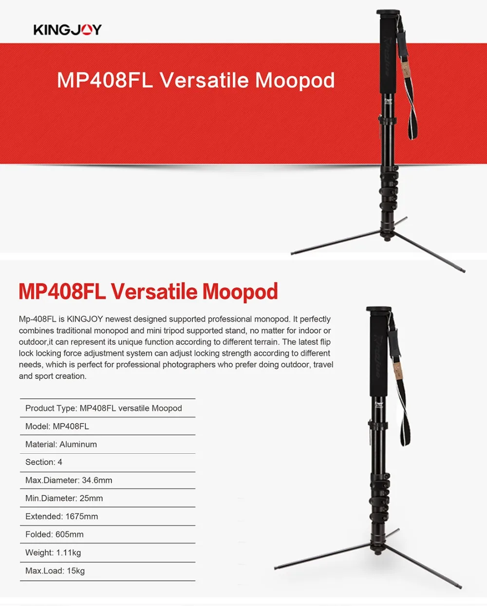 KINGJOY Officia MP408FL монопод Dslr для всех моделей профессиональной камеры штатив Стенд видео Para Movil Гибкий штатив