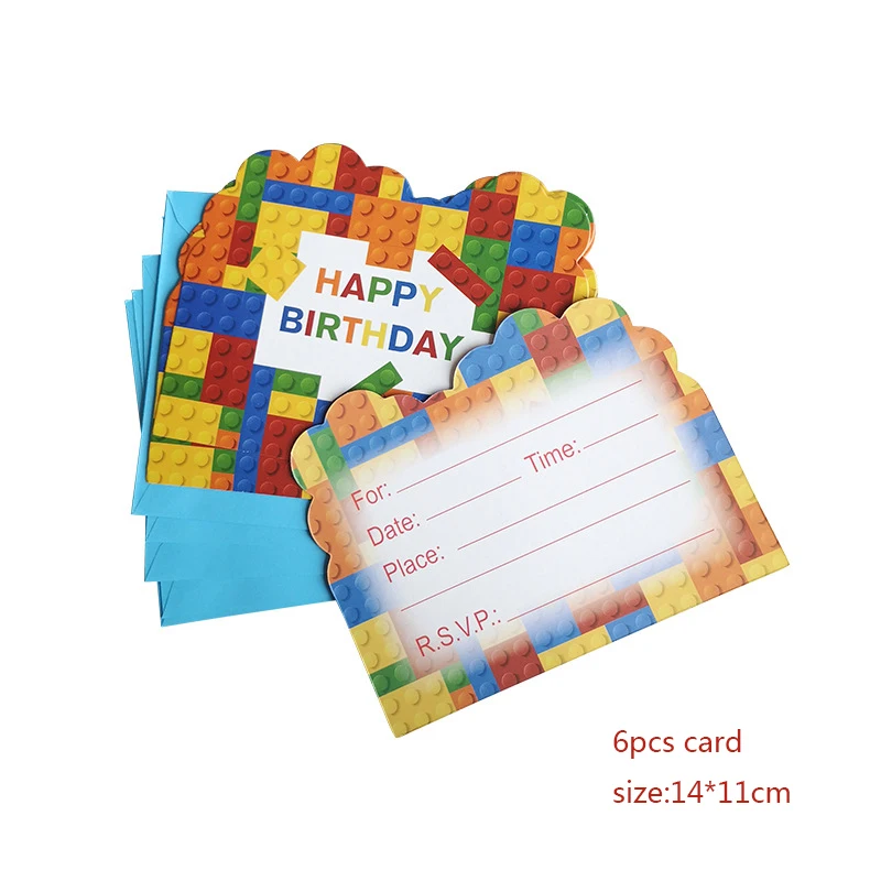 6pcs invitation card Лего вечерние одноразовые столовые приборы бумажные тарелки и стаканы для детской вечеринки на день рождения Детские вечерние принадлежности для украшения - Цвет: 6pcs invitation card
