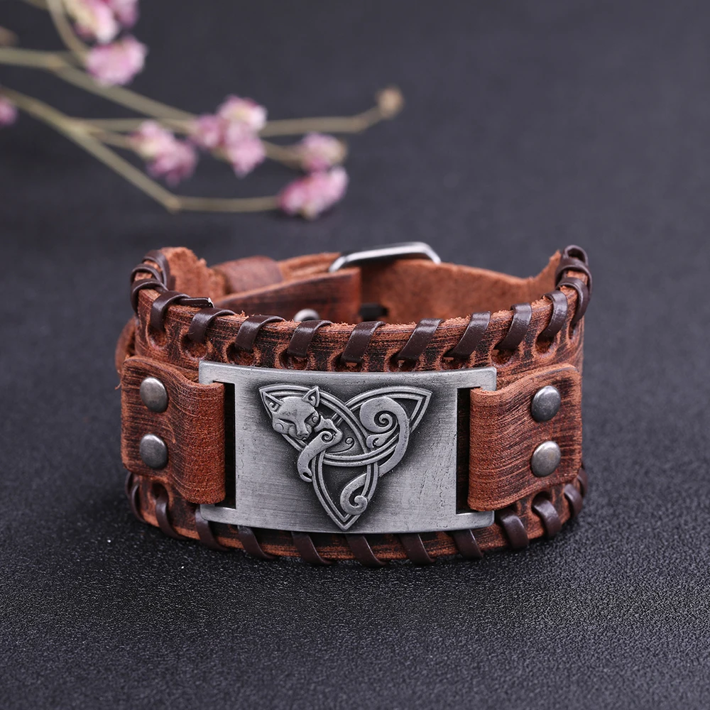 LIKGREAT Viking ювелирные изделия кожаный браслет лиса Triquetra Fenrir животное подросток Волк троица вера благословение манжеты браслеты Кнопка