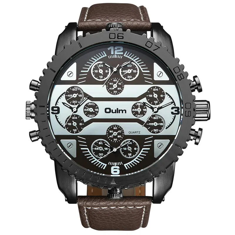 

OULM Mens Watches Aviator Military Watch Quartz Wristwatch Leather Strap 4 Time Zone Oversize Gear-shaped Bezel Top Brand Luxury