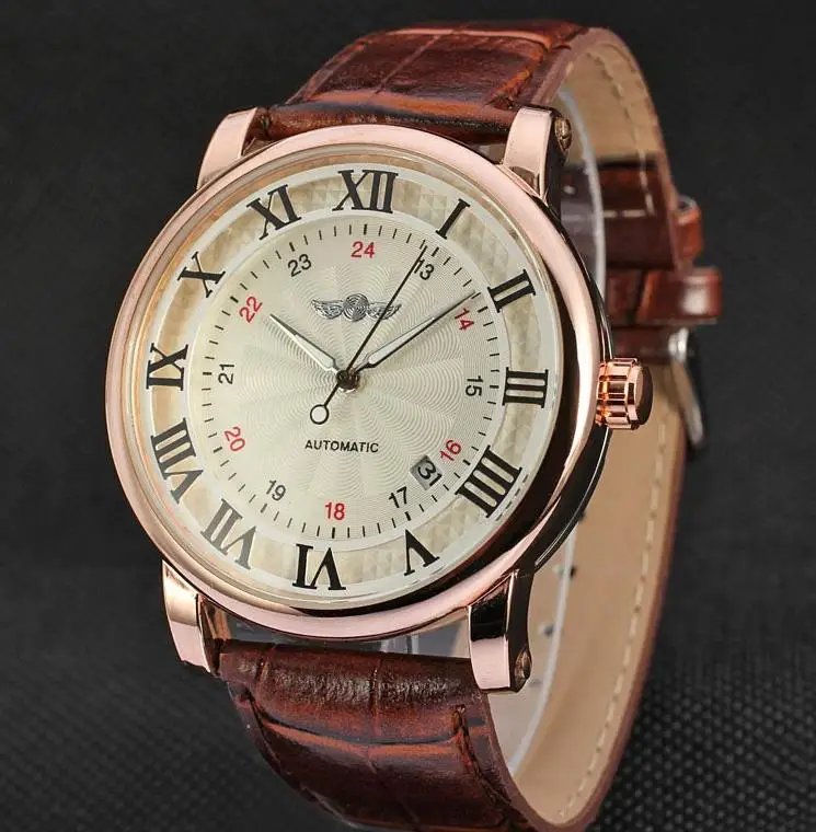 Relogio Relojes новые модные часы из розового золота, автоматические мужские механические часы с кожаным ремешком и датой на день - Цвет: A