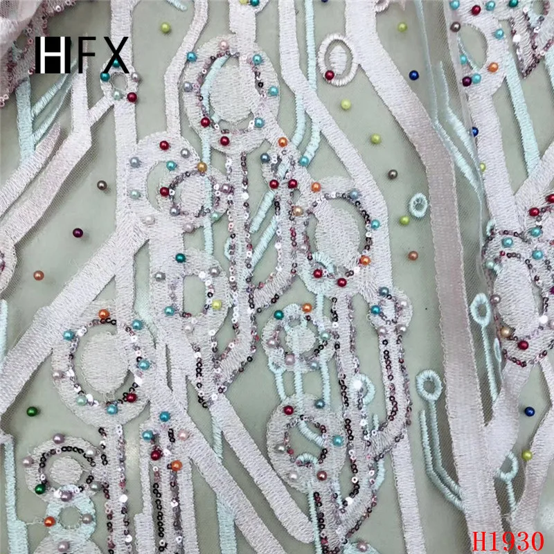 HFX последние Африканские кружева вышивка кружевная ткань сетка кружево Роскошные ручной работы из бисера кружевная ткань с бисером для нигерийских F1930