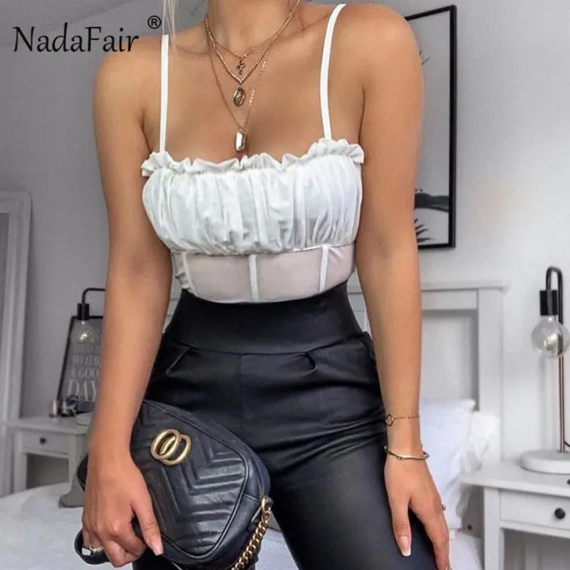 Женский сетчатый топ Nadafair черно белый праздничный на бретельках в стиле панк