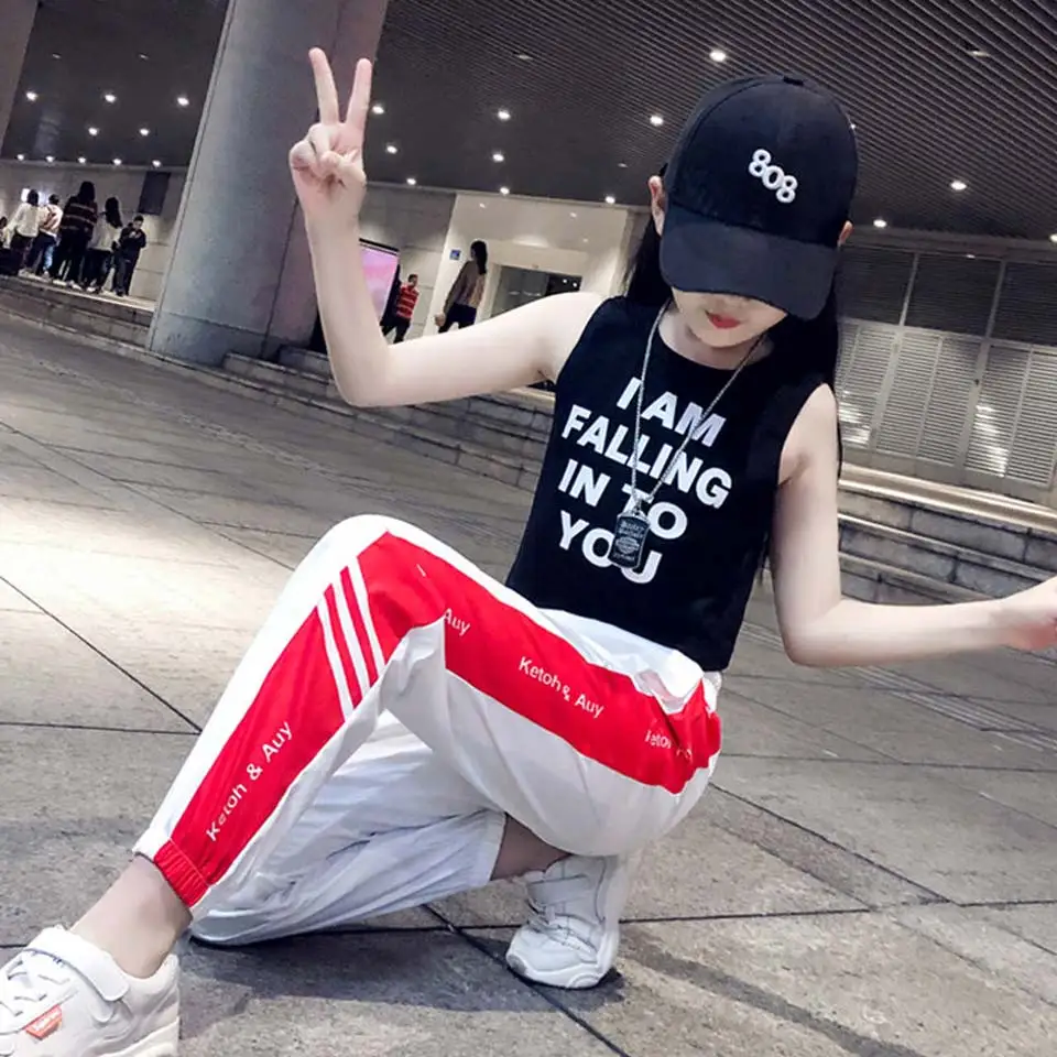 Kids Letter Crop Tank Tops Legging Two Pieces Set For Girls Summer Style Teenage Girl Hip Hop Clothing 10 12 14 16 Years | Детская