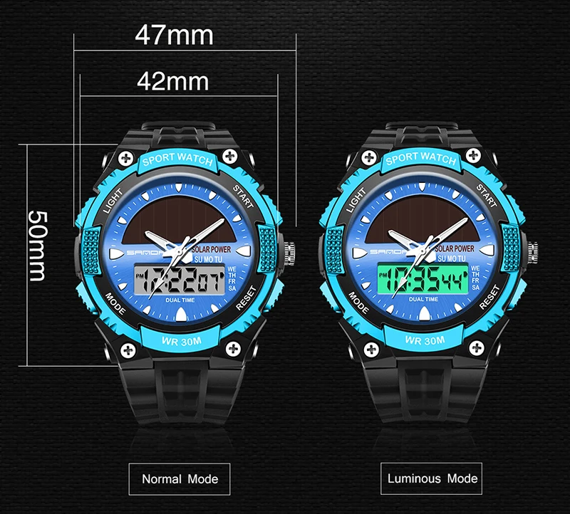 Часы мужские водонепроницаемые солнечные спортивные повседневные наручные часы
