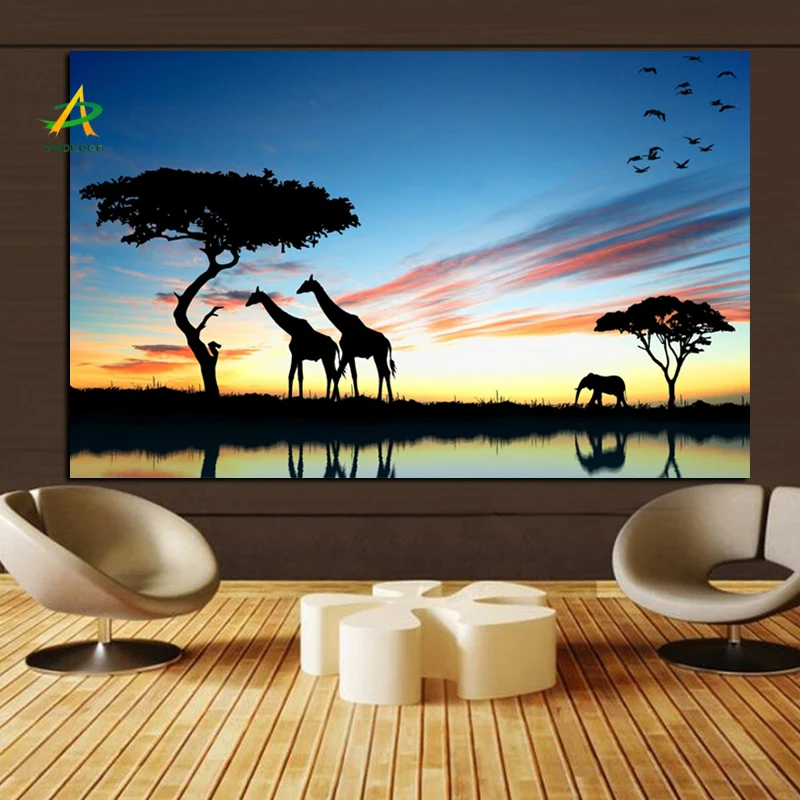 YWDECOR Жираф Африканский слон озером закатом пейзаж Живопись Печать на холсте