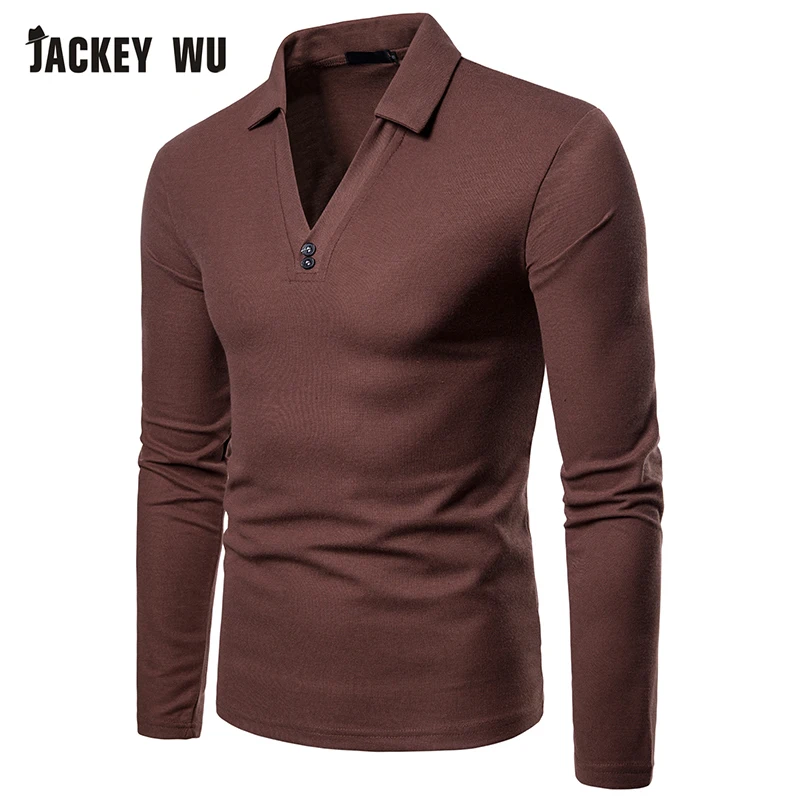 JACKEYWU Мужская рубашка поло 2019 Мода v образный вырез с длинным рукавом футболки