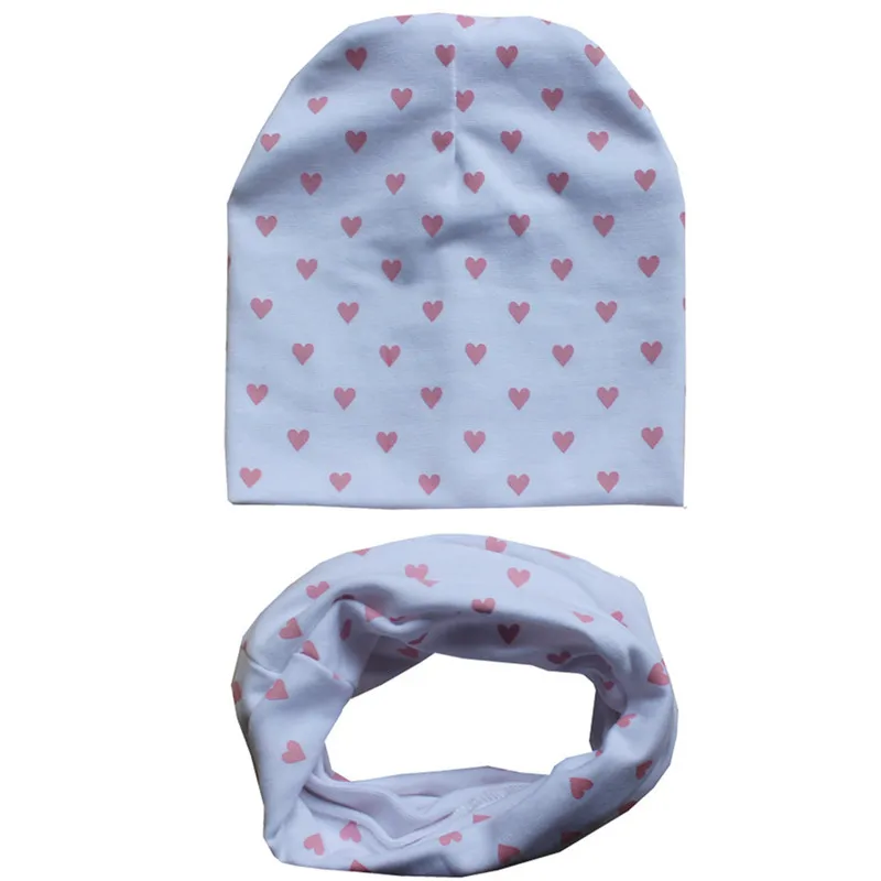 love heart white Хлопковая детская шапка, шарф, реквизит для фотосессии, шарф для девочек с принтом в виде сердечек, детские вязаные шапки, осенне-зимняя детская шапка, шарф, комплект из 2 предметов - Цвет: love heart white