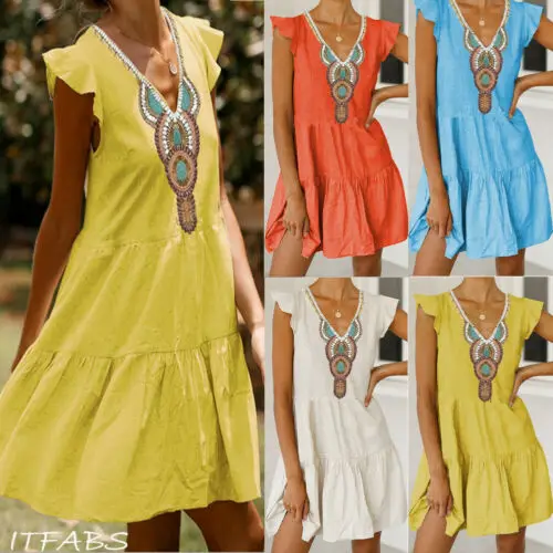 Женское хлопковое льняное мини-платье Boho с цветочным принтом и оборками