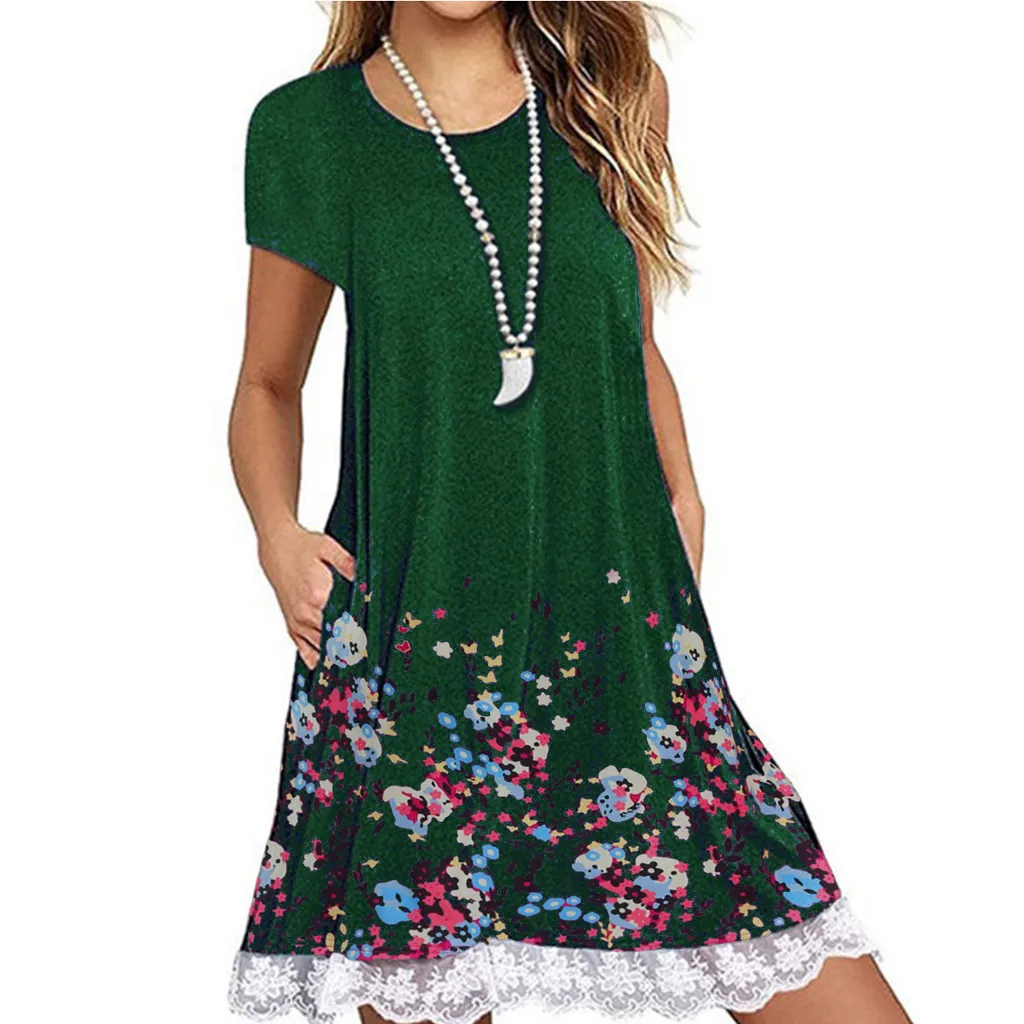 Женское повседневное мини платье с круглым вырезом и карманами кружевное