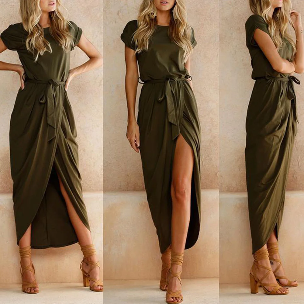 Новинка 2019 женское летнее повседневное Длинное Макси платье с коротким рукавом