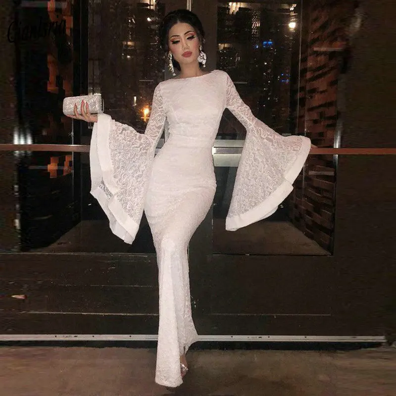 

Boat Neck Dubai Arabic Full Lace Mermaid Evening Dress 2020 Long Flare Sleeve Islamic Kaftan Saudi Formal Evening Party Dresses