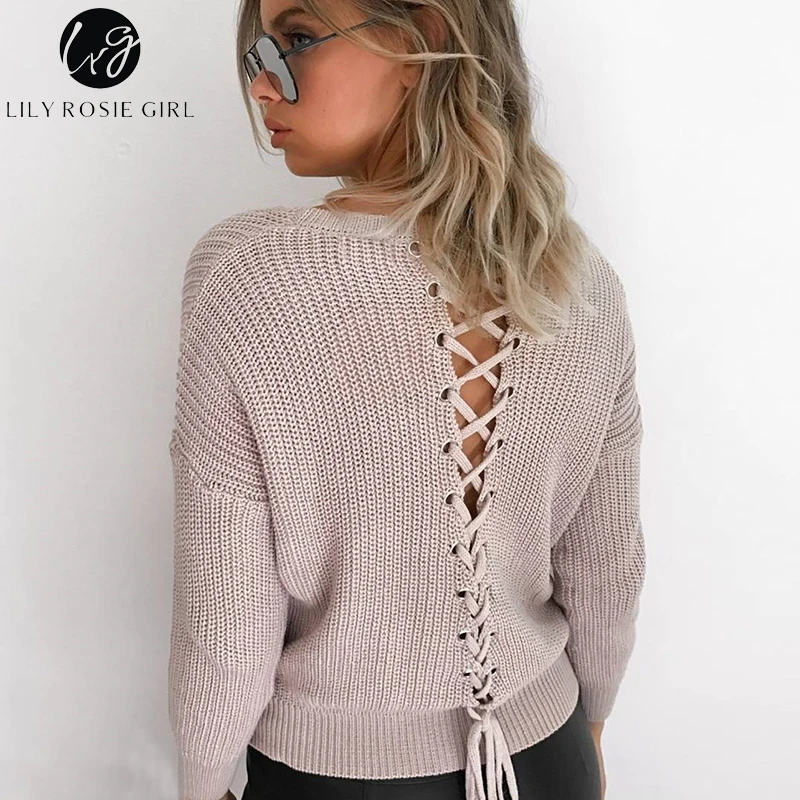 Lily Rosie девушка черный на шнуровке трикотажные пуловеры свитеры для женщин V