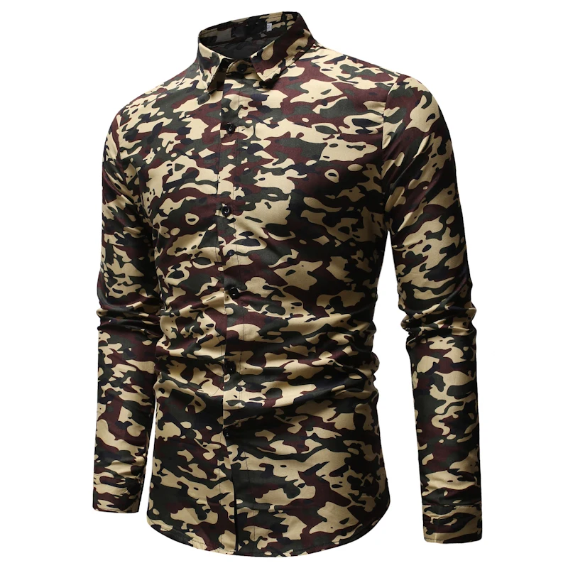 2019 модные брендовые рубашки-милитари для мужчин Slim Fit Chemise Homme камуфляжная Мужская