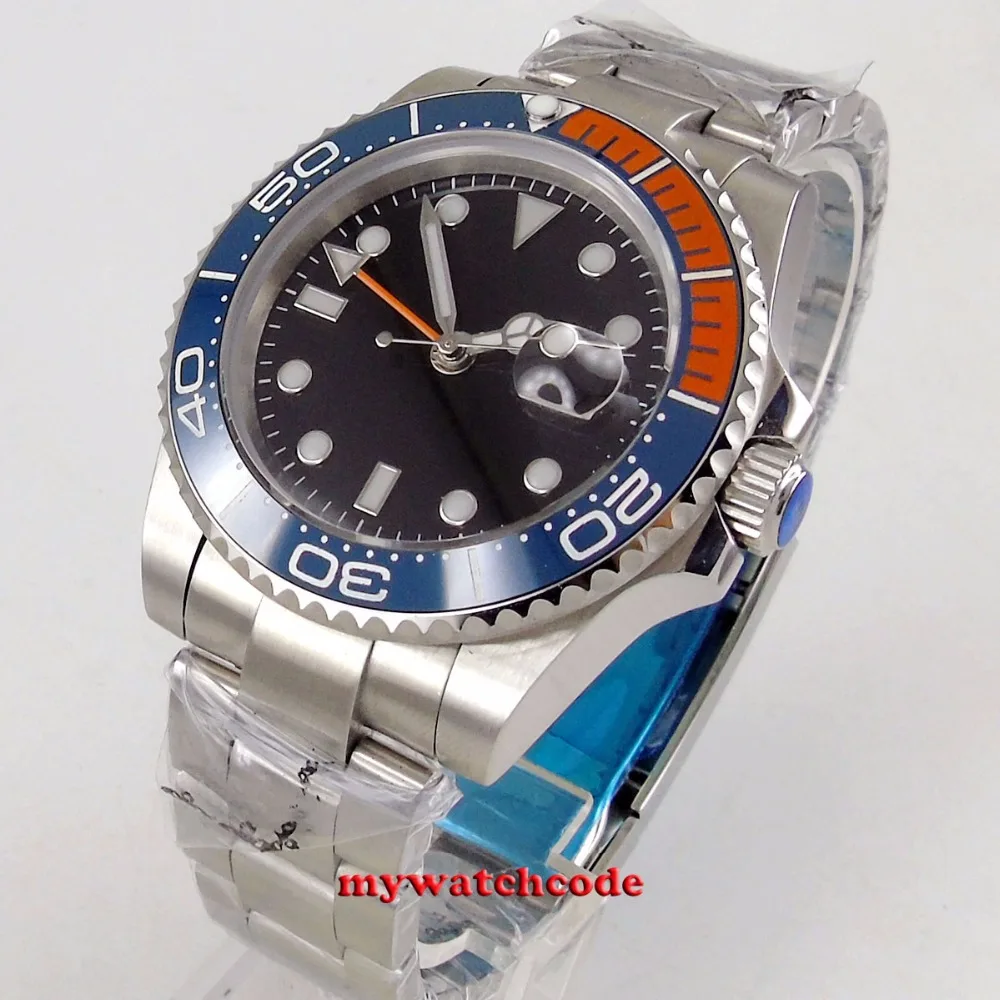 

40mm bliger black sterile dial sapphire glass GMT orange blue Bezel date window automatic mens watch P443