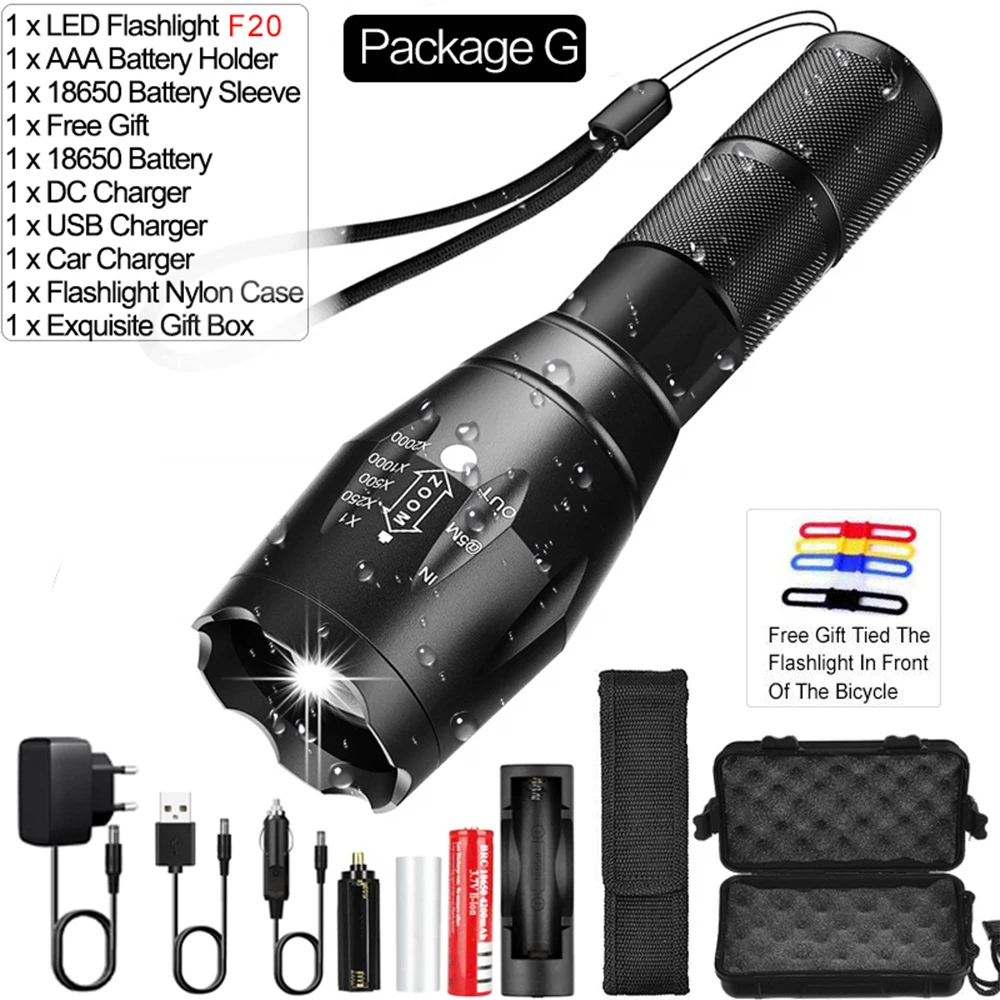 Package G Мощный фонарик XHP50 светодиодный фонарик USB Перезаряжаемый фонарь с зумом V6 фонарик Фонарь с 18650 батареей - Испускаемый цвет: Package G