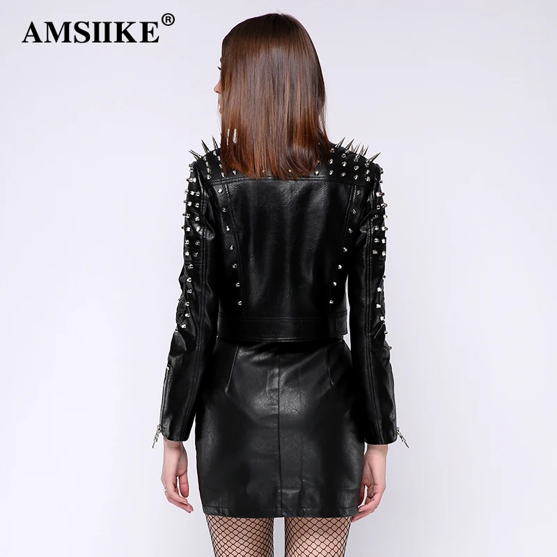 AMSIIKE Женская куртка осень весна в шипах из экокожи A17215|pu jacket|leather pu jacketpu leather jacket women