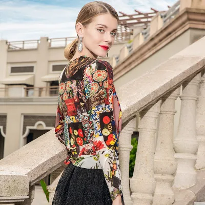 Шелковая Сексуальная Блузка с v образным вырезом кружевной отделкой весна/лето