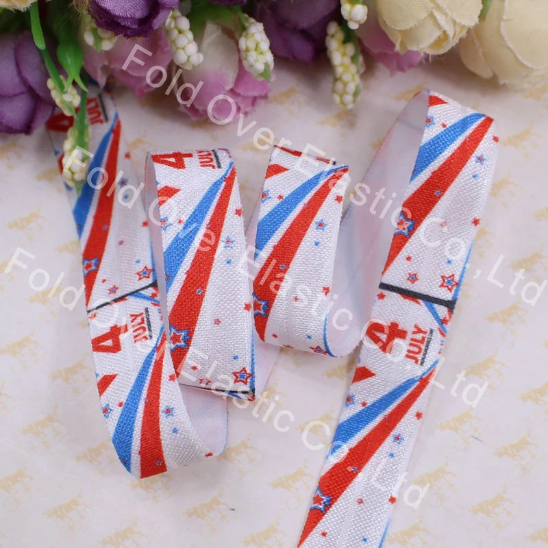 

5/8" 15mm Heat Transfer July 4th Independence Day Printed FOE Fold Over Elastic Ribbon 100Yards