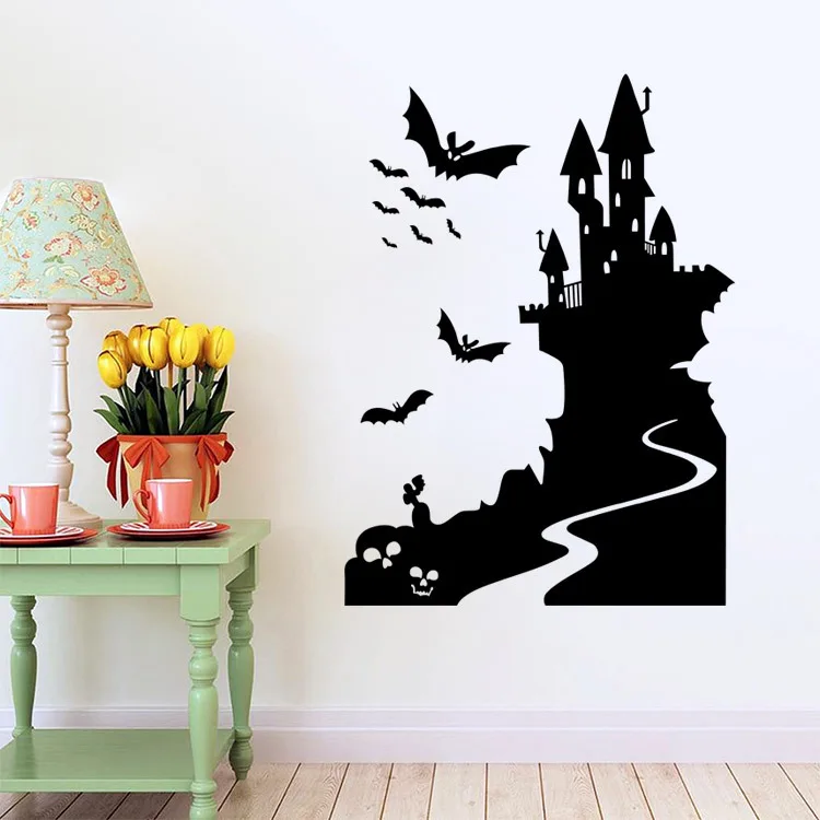 Съемный Настенный столб для стен наклейка летучие мыши с привидениями замок дом