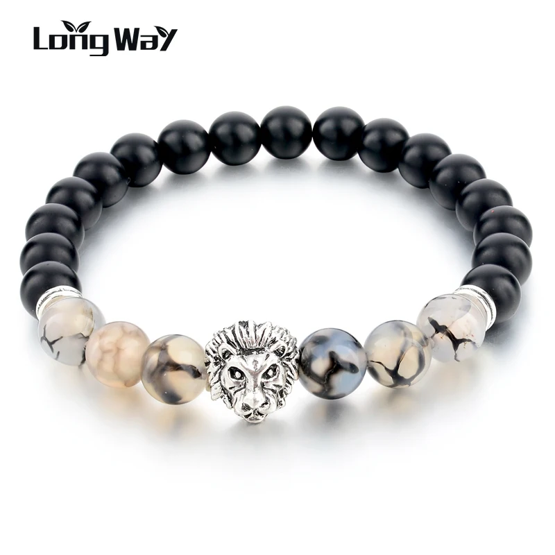 

LongWay 8mm Natural Stone Beads Bracelet for Women And Man Antique Silver Color Lion Head Bracelets, Jewelry SBR160096103