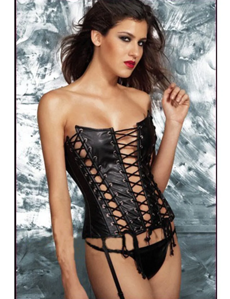 

MOONIGHT Hollow Out Faux Leather Corset Sexy Women Strapless Black Overbust Lace Up Corset Bustier Top For Women S-XL