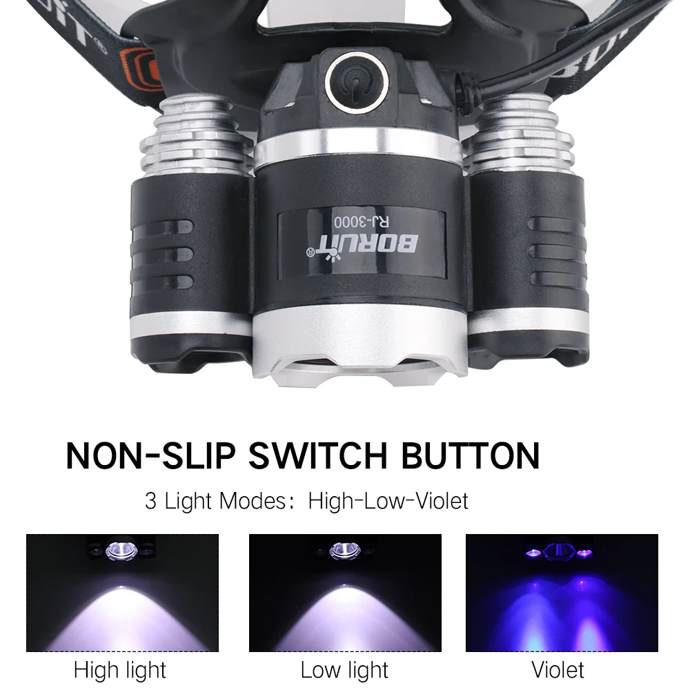 BORUIT 6000LM 3x XML T6 белый + 2R2 395nm УФ светодиодный фиолетовый налобный фонарь светильник
