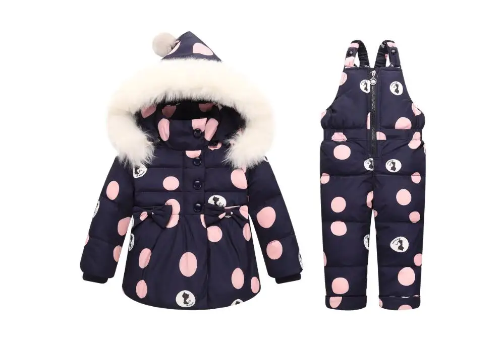 Big Polka Dot White Duck Down Winter Overalls For Girls Down Jacket and Pants Baby Snowsuit Newborn Infant Winter Clothing Set