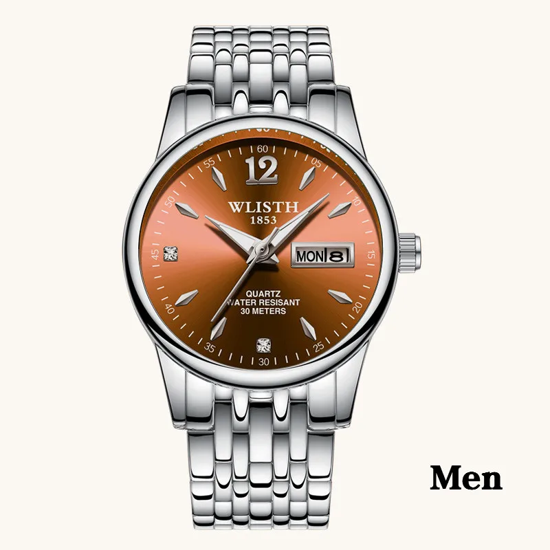 men brown ЖЕНСКИЕ НАРЯДНЫЕ часы из розового золота и нержавеющей стали, WLISTH, брендовые Модные женские наручные часы, кварцевые часы с датой недели, женские роскошные часы - Цвет: men brown