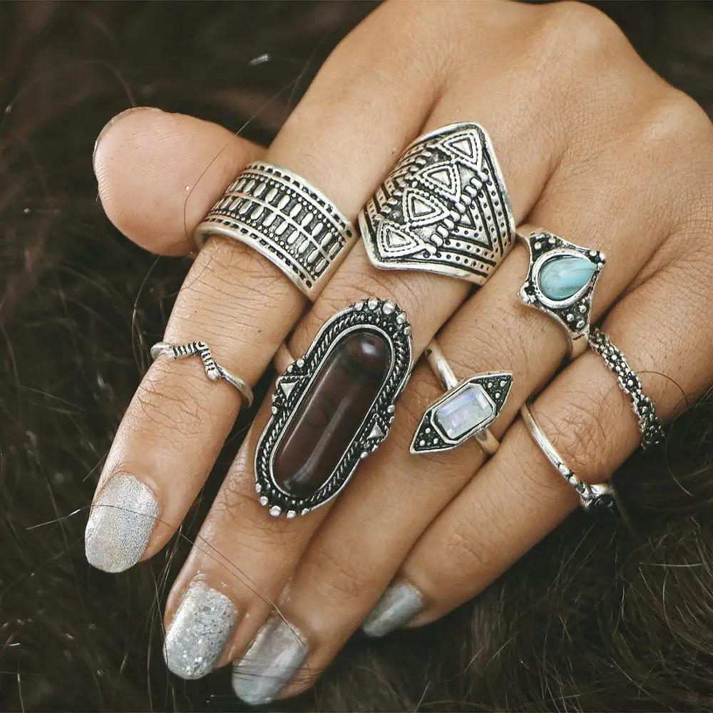 

8Seasons Vintage Irregular Geometric Rings Set Artificial Opal For Women Punk Style Knuckle Joint Ethnic Rings Fashion Jewelry