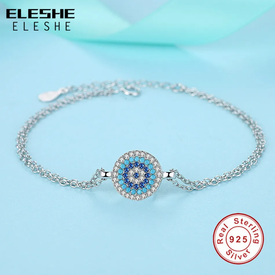 ELESHE Lucky 925 Sterling Silver Round Blue Eyes Power Tennis Bracelet CZ Adjustable Link Chain Bracelets Jewelry | Украшения и