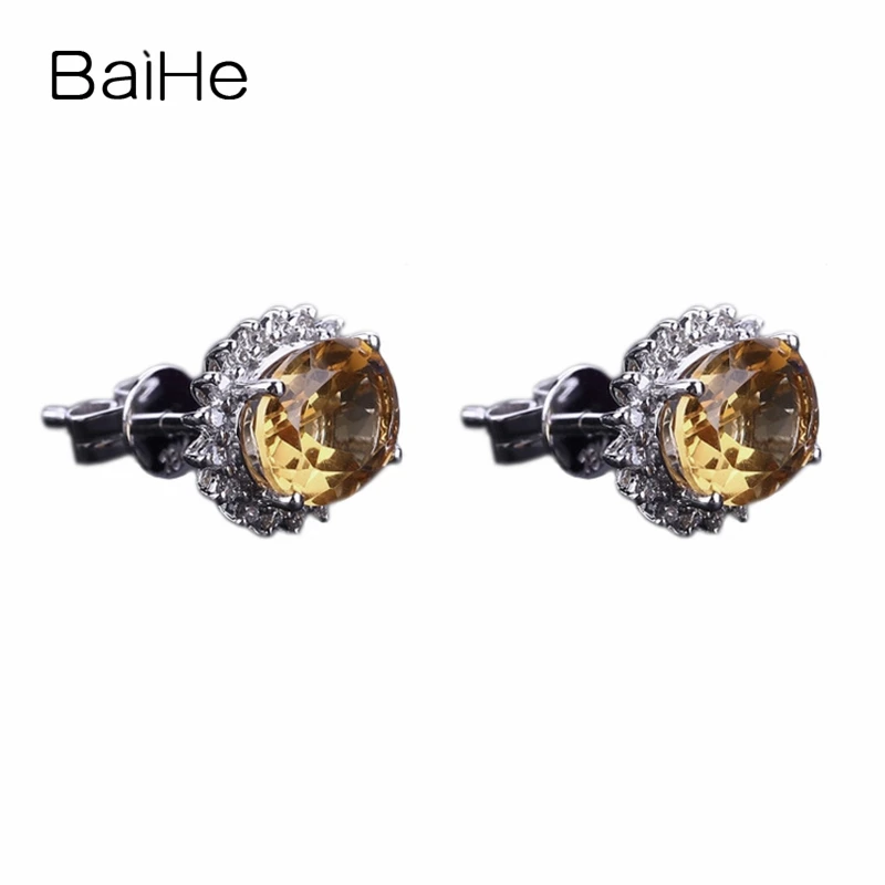 Серьги гвоздики BAIHE из белого золота с натуральным цитрином 14 к 5 х7 мм|stud earrings|citrine