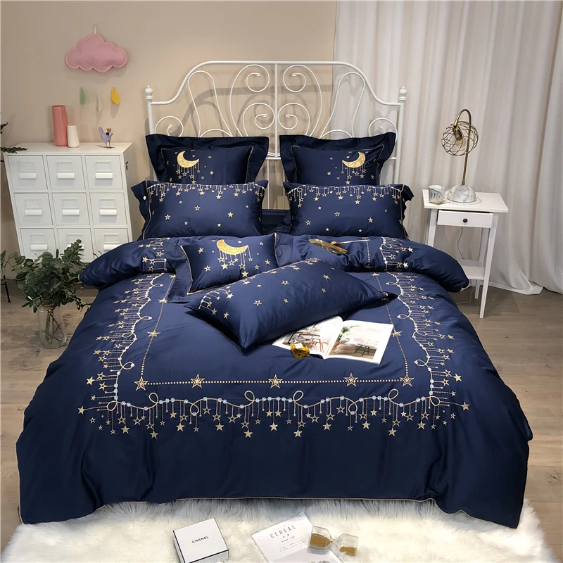 

Luxury Egypt Cotton Good Night Stars Bedding Set Embroidery edging Duvet cover Bed Sheet Pillowcases Queen King Size 4/6/7Pcs