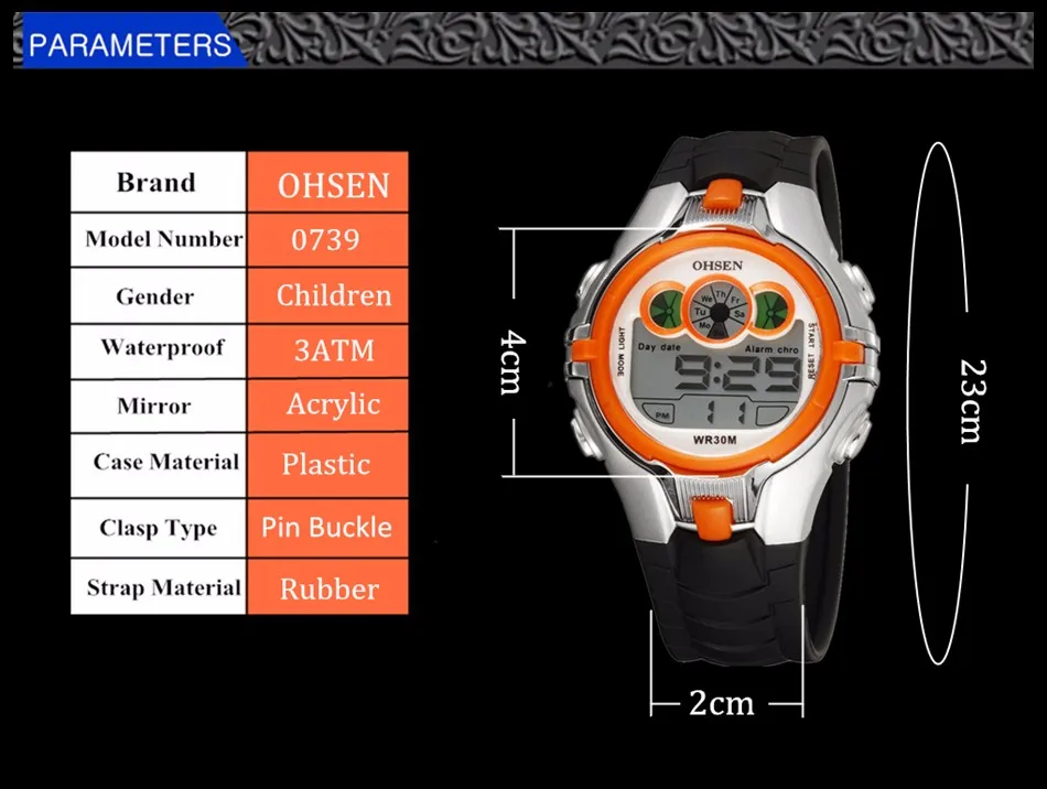 OHSEN Boys Kids Дети Кварцевые спортивные часы Будильник Дата хронографа Светодиодные задние фонари Водонепроницаемые наручные часы Студенческие часы