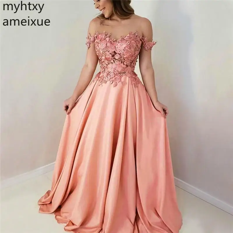 

2021 New Arrival Myhtxyameixue A-line Sleeveless Scoop Floor-length Satin Off The Shoulder Empire Adult Simple Bridesmaid Dresse