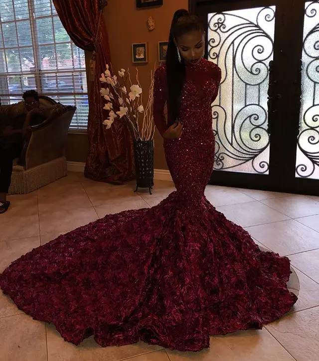Burgundy Vestidos de gala, сексуальное блестящее платье с высоким воротом, платье для выпускного вечера, длинное винтажное бордовое вечернее платье с длинным рукавом и цветочным рисунком - Color: Burgundy