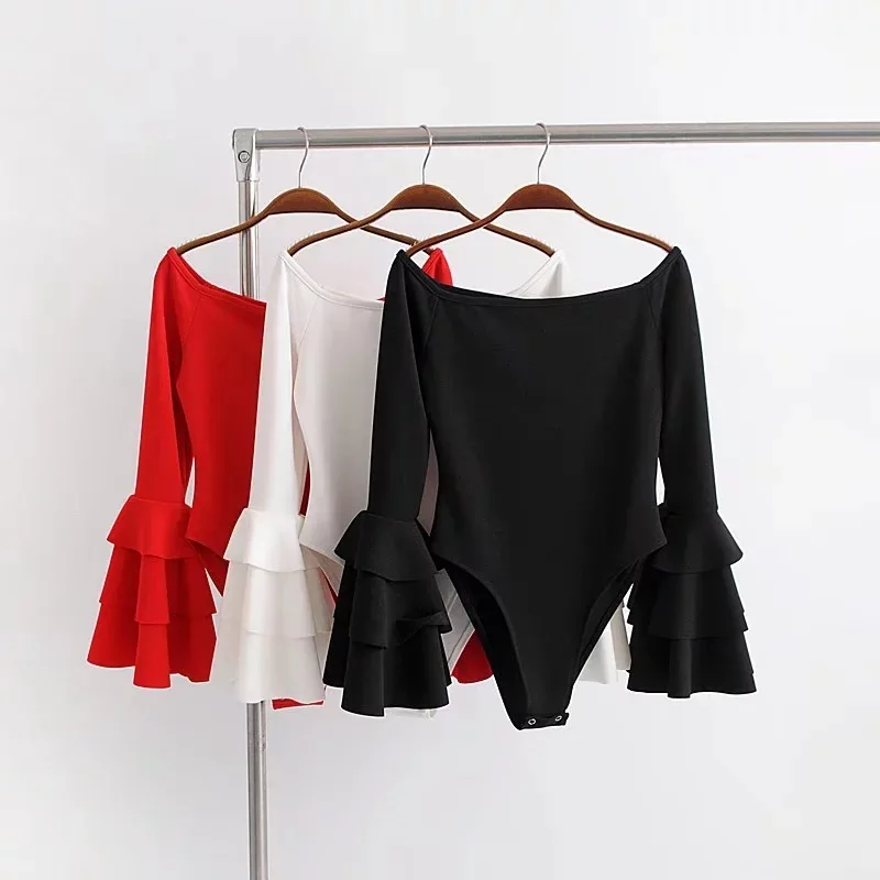 Off shoulder ruffle bodysuit sexy pagoda sleeve jumpsuit romper Women Autumn winter party club overalls American style | Женская одежда