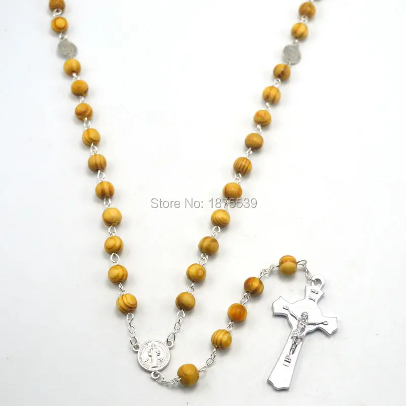 Светлая китайская сосна Розария 6 мм круглая бисерная Католическая папа крест |