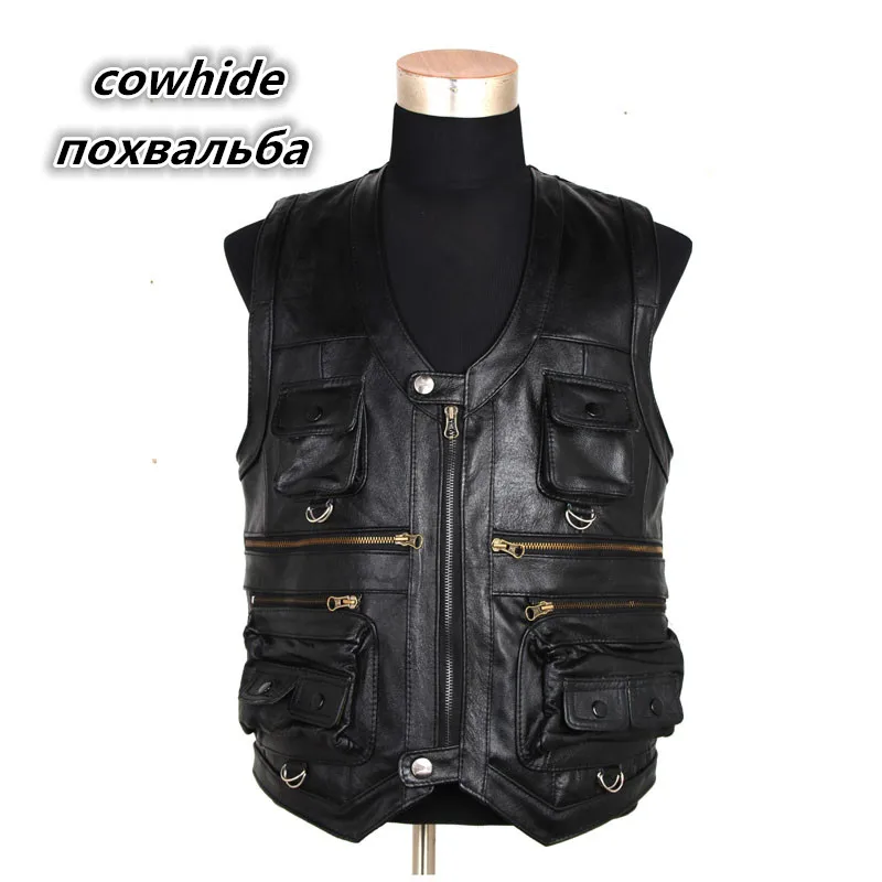 

2018 New Men's Waistcoat Genuine Leather Reporters Suit More Than Pocket Quinquagenarian Men Cow Leather Vest Tops