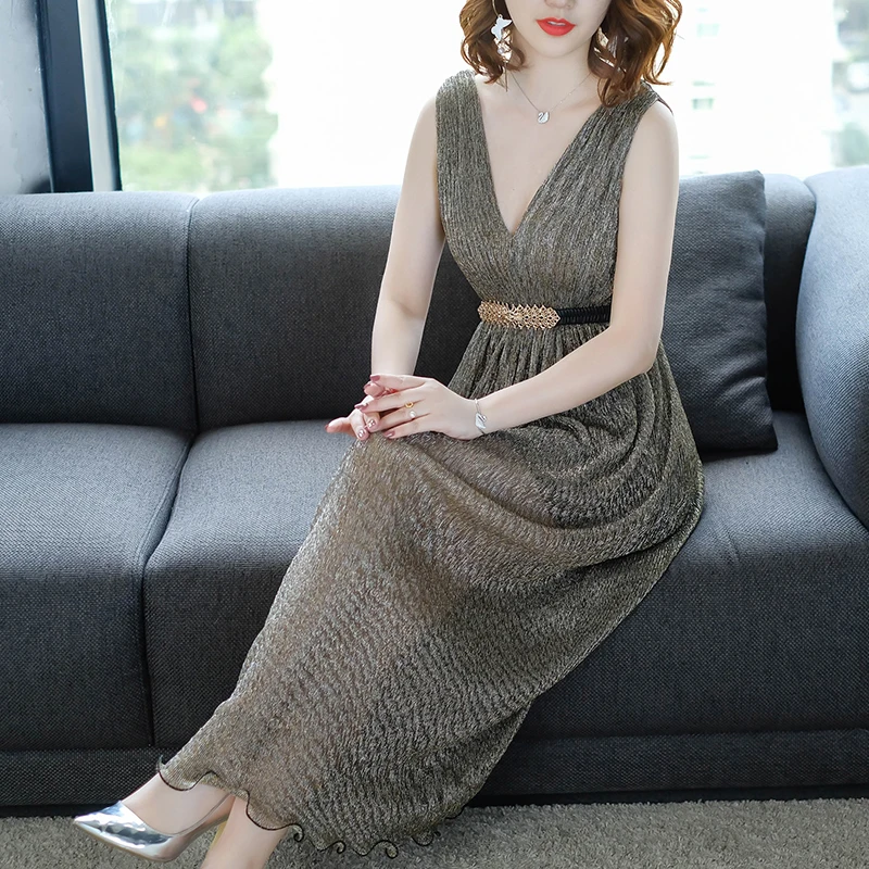 Женское длинное платье с воланом V образным вырезом без рукавов|Женские платья| |