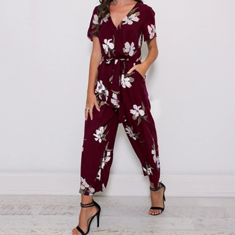 

Floral Print Jumpsuit lace-up short-sleeved for Women Fashion V Neck Loose Playsuit Party Romper Short Sleeve
